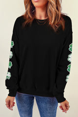 Black Sequin Clover Patched Drop Shoulder Sweatshirt Graphic Sweatshirts JT's Designer Fashion