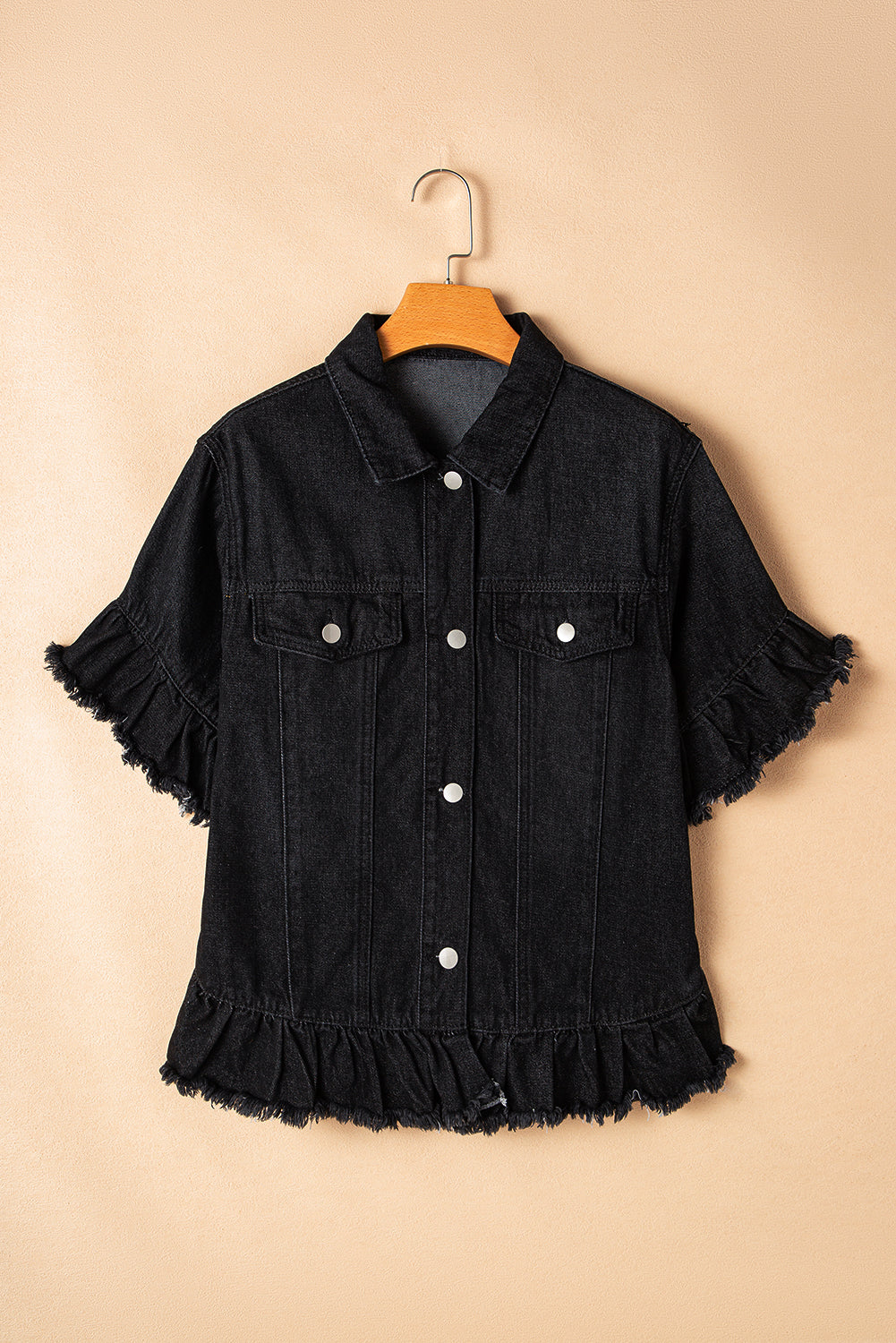 Black Raw Edge Ruffled Short Sleeve Denim Jacket Denim Jackets JT's Designer Fashion