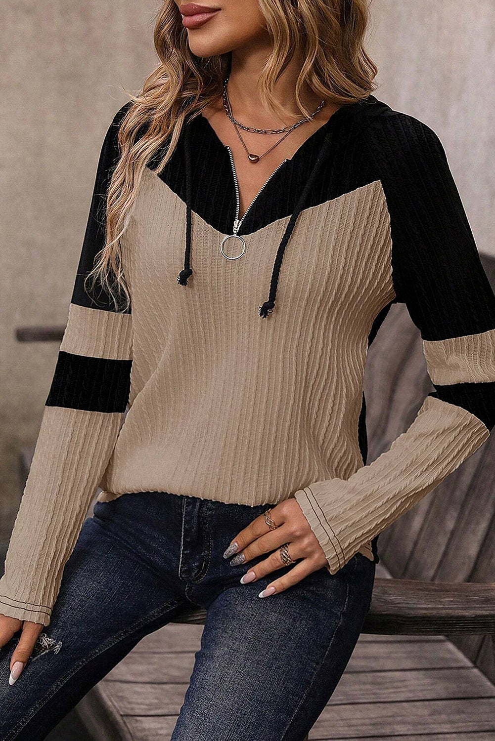 Parchment Textured Colorblock Long Sleeve Quarter Zip Drawstring Hooded Top Long Sleeve Tops JT's Designer Fashion