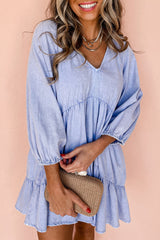 Beau Blue Puff Sleeve V Neck Tiered Ruffled Chambray Mini Dress Mini Dresses JT's Designer Fashion