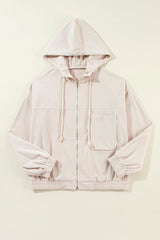 White Corduroy Drawstring Hooded Pocket Zip Up Jacket Jackets JT's Designer Fashion