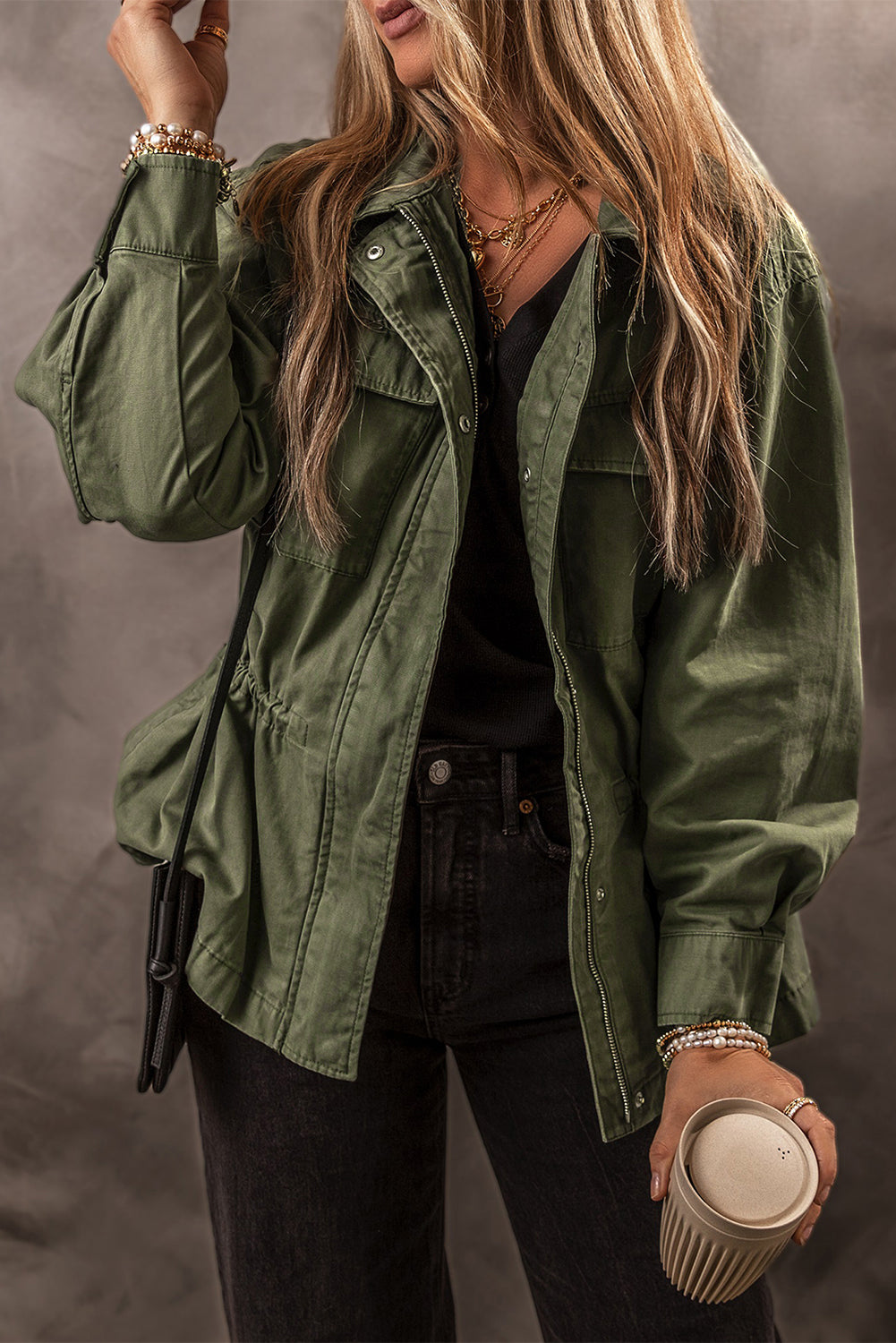 Moss Green Snap Button Zipper Tight Waist Collared Jacket Moss Green 100%Cotton Jackets JT's Designer Fashion