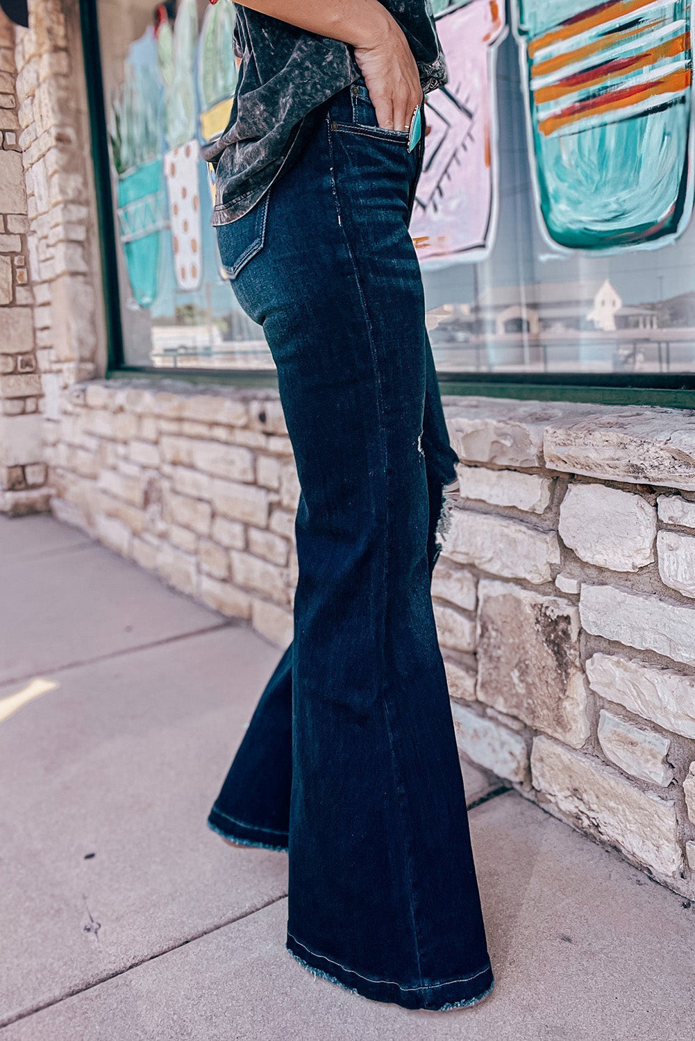 Real Teal High Rise Ripped Bell Bottom Jeans Jeans JT's Designer Fashion