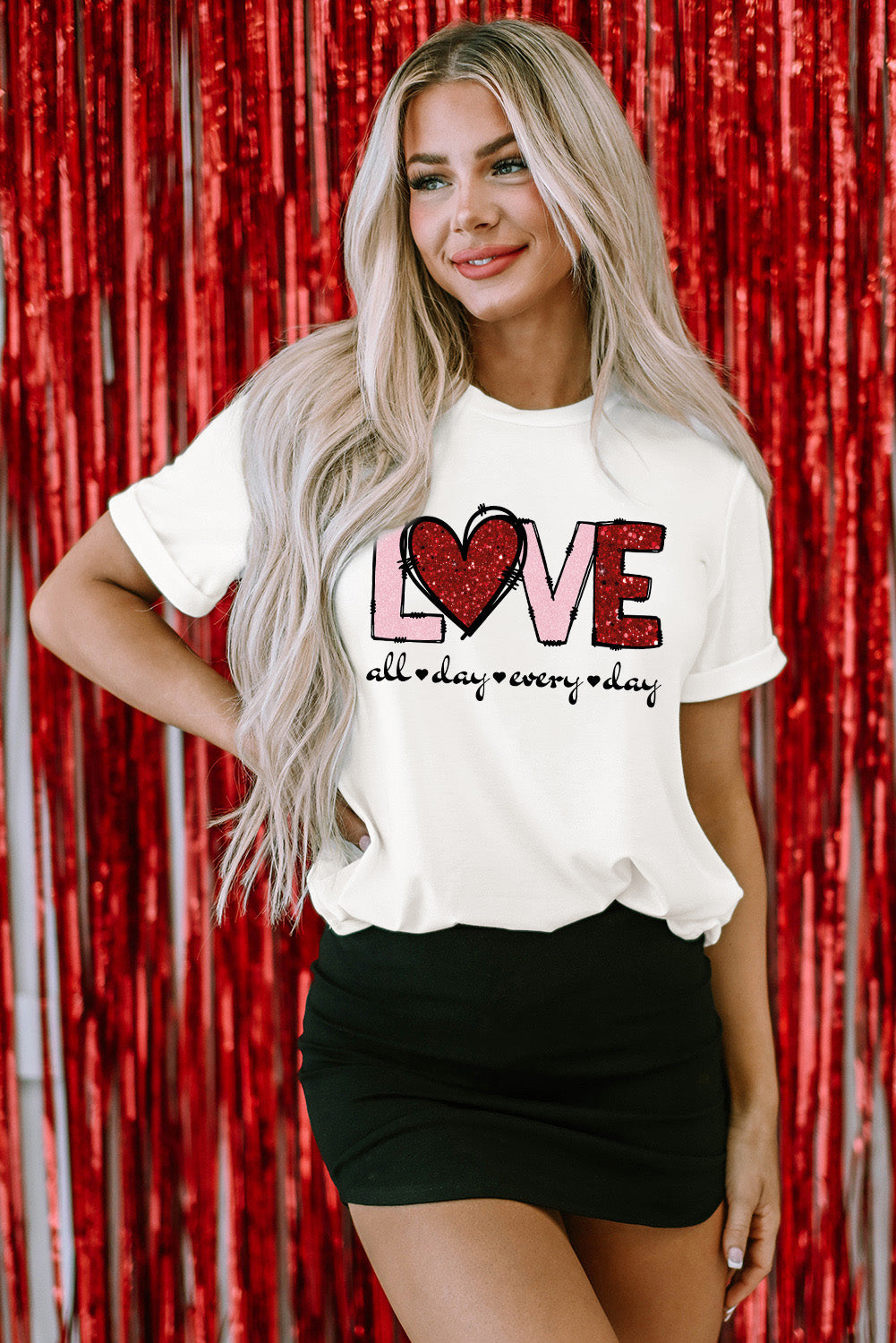 White Valentine LOVE Heart Shape Crew Neck Graphic Tee Graphic Tees JT's Designer Fashion
