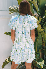 Sky Blue Floral Contrast Edge Layered Short Sleeve Mini Dress Floral Dresses JT's Designer Fashion
