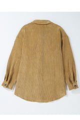 Light French Beige Patched Pocket Button Up Corduroy Shacket Jackets JT's Designer Fashion