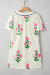 Apricot Floral Short Sleeve Split Neck Loose Mini Dress Floral Dresses JT's Designer Fashion