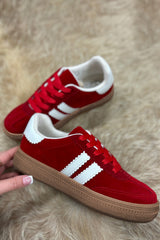 Fiery Red Vintage Striped Patchwork Lace-up Flat Shoes Women's Shoes JT's Designer Fashion