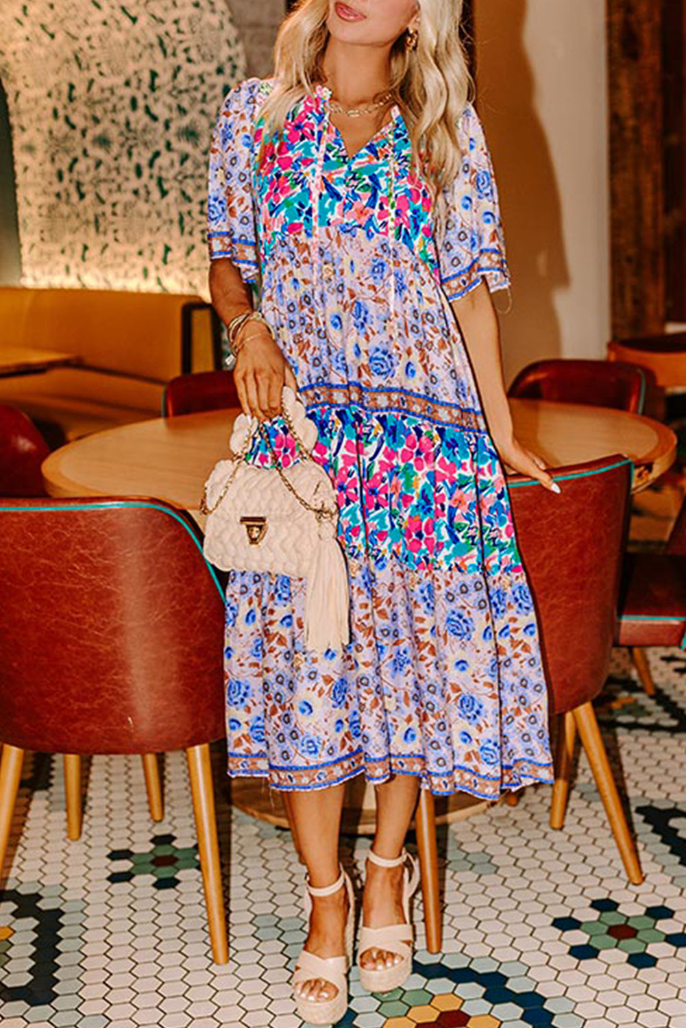Sky Blue Mixed Floral Print Tie Split Neck Short Sleeve Dress Floral Dresses JT's Designer Fashion