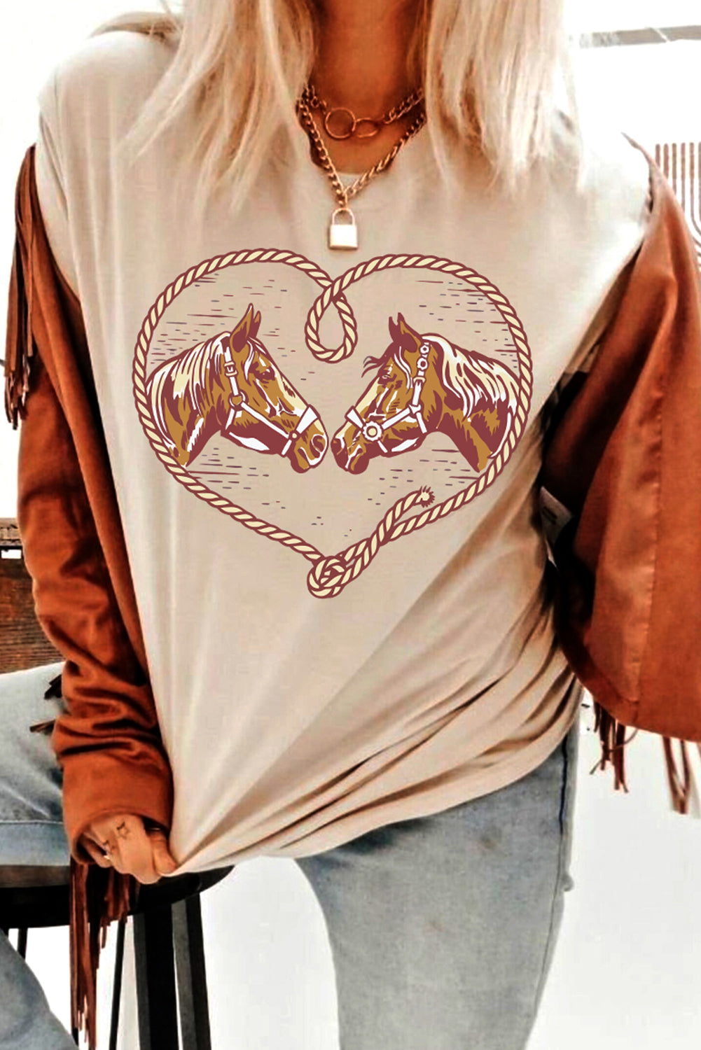 Khaki Rodeo Horse Graphic Western Cowgirl Fashion T Shirt Graphic Tees JT's Designer Fashion