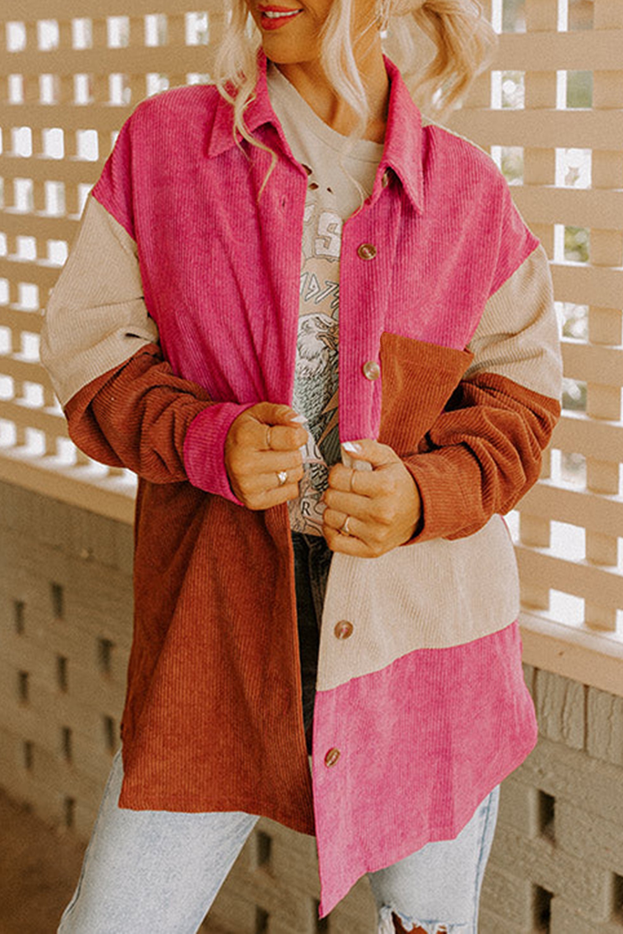 Rose Red Colorblock Curved Hem Corduroy Shacket with Pocket Rose Red 95%Polyester+5%Elastane Jackets JT's Designer Fashion