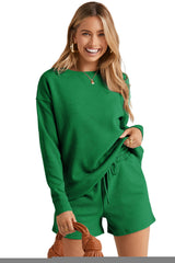 Green Textured Long Sleeve Top and Drawstring Shorts Set Short Sets JT's Designer Fashion
