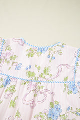 Pink Floral Striped Print Contrast Trim Tie Split Neck Mini Dress Dresses JT's Designer Fashion