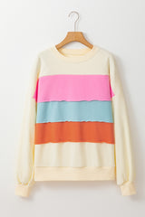 White Colorblock Patchwork Crewneck Drop Shoulder Sweatshirt Sweatshirts & Hoodies JT's Designer Fashion