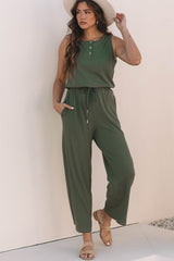 Vineyard Green Buttoned Drawstring Waist Sleeveless Wide Leg Jumpsuit Jumpsuits & Rompers JT's Designer Fashion