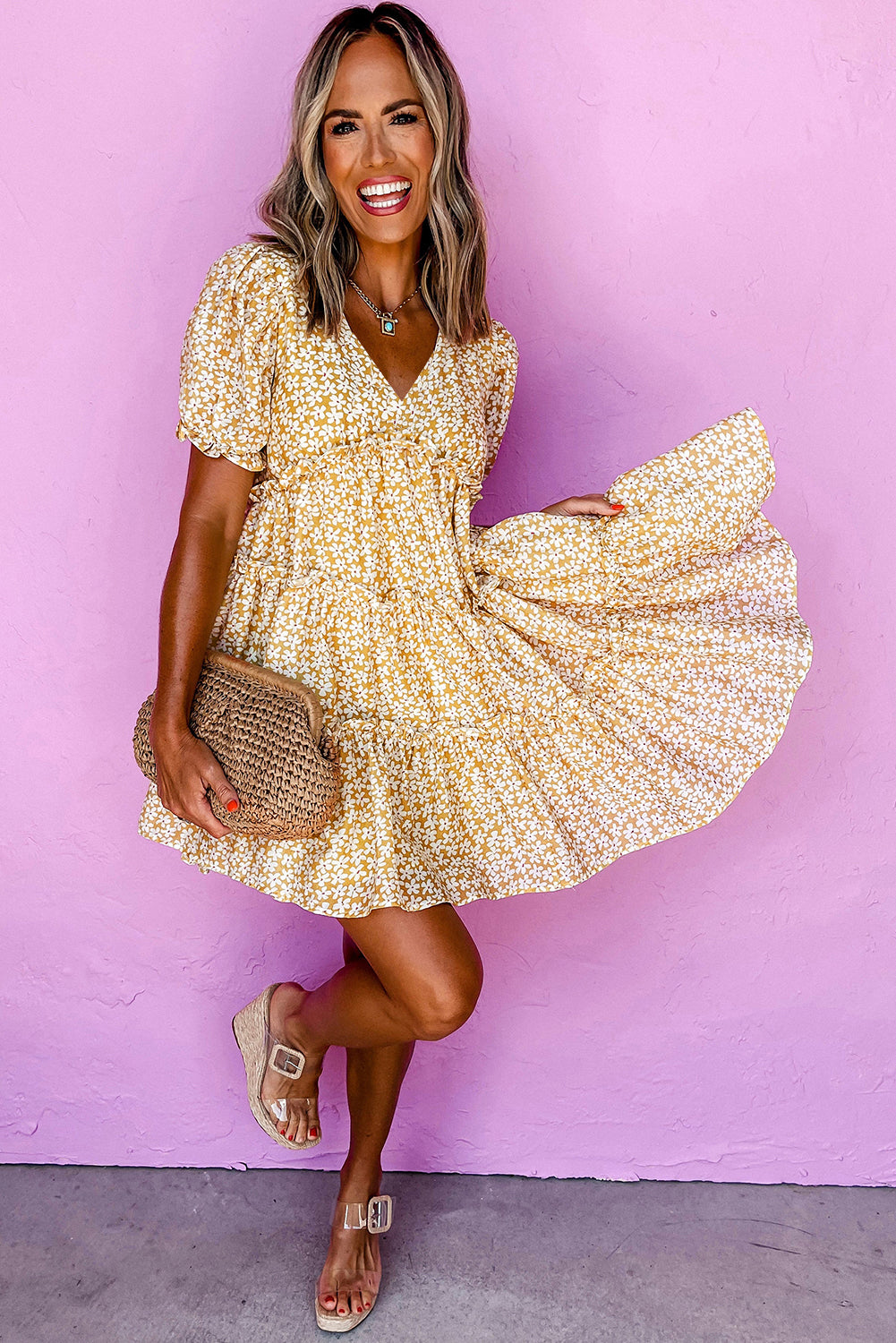 Yellow Floral Short Sleeve V Neck Frilly Tiered Mini Dress Floral Dresses JT's Designer Fashion