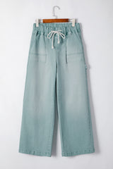 Smoke Green Mineral Wash Drawstring High Waist Wide Leg Jeans Jeans JT's Designer Fashion