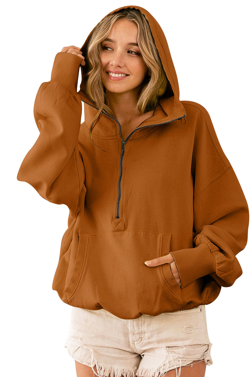 Brown Ribbed Trim Kangaroo Pocket Zipped Hoodie Sweatshirts & Hoodies JT's Designer Fashion