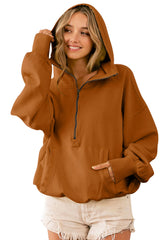 Brown Ribbed Trim Kangaroo Pocket Zipped Hoodie Sweatshirts & Hoodies JT's Designer Fashion