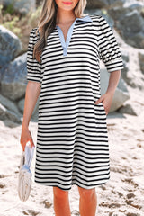 Black Stripe Contrast V Neck Collared Puff Sleeve T Shirt Mini Dress with Pockets T Shirt Dresses JT's Designer Fashion