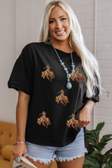 Black Western Horse Patched Crew Neck Graphic T Shirt Graphic Tees JT's Designer Fashion