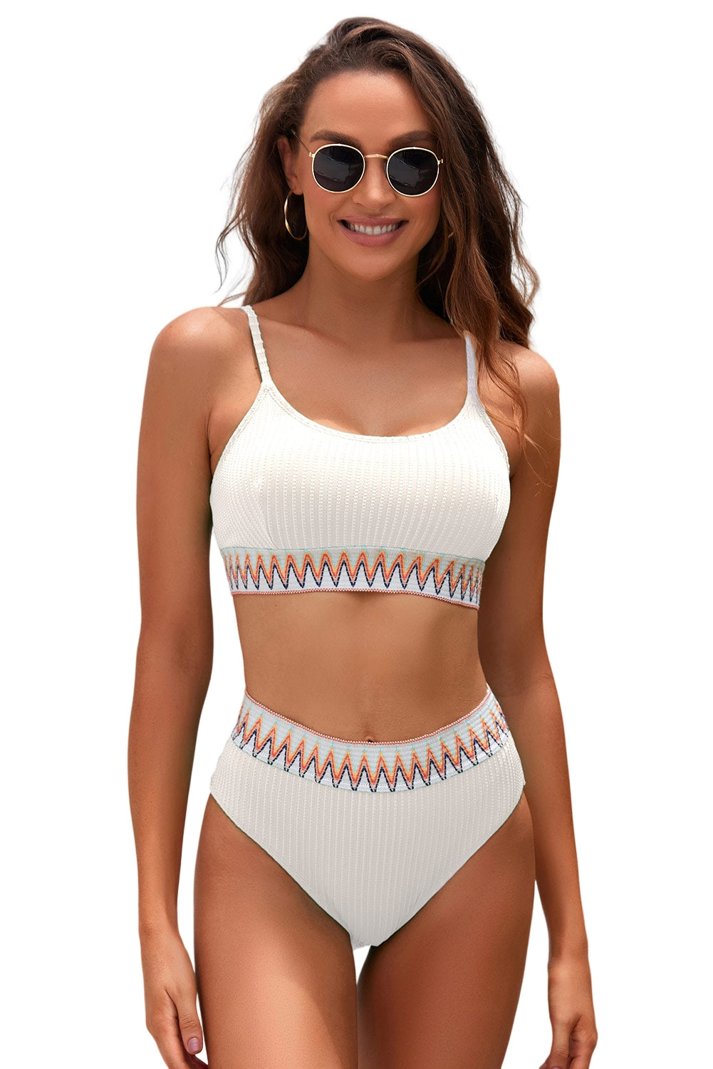 White Textured Contrast Banding Bikini High Waist 2pcs Swimsuit High Waisted Swimsuit JT's Designer Fashion