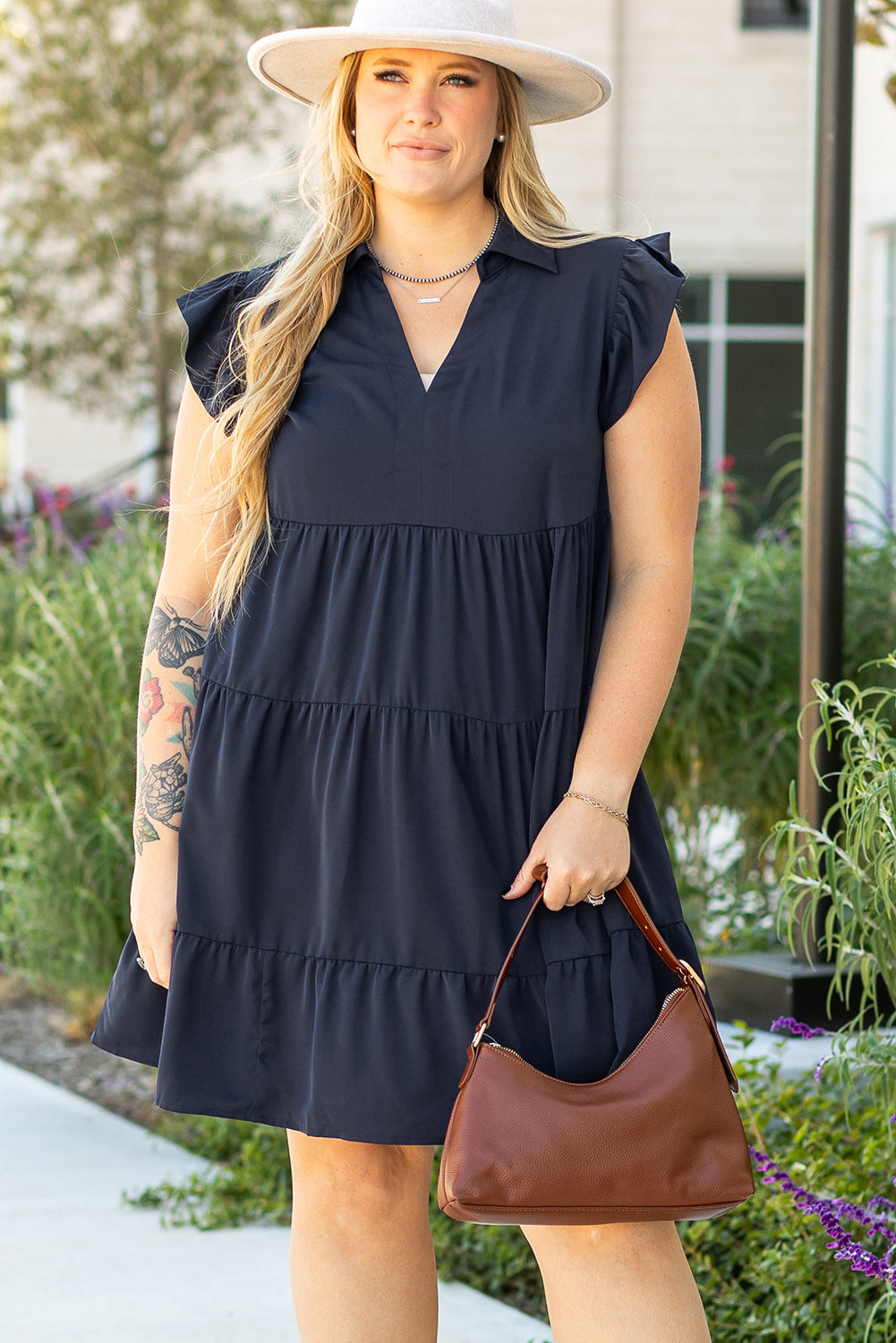 Navy Blue Collared V Neck Flutter Sleeve Tiered Plus Size Dress Plus Size Mini Dresses JT's Designer Fashion
