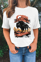 White Western Buffalo On Plains Graphic Crew Neck Tee Graphic Tees JT's Designer Fashion