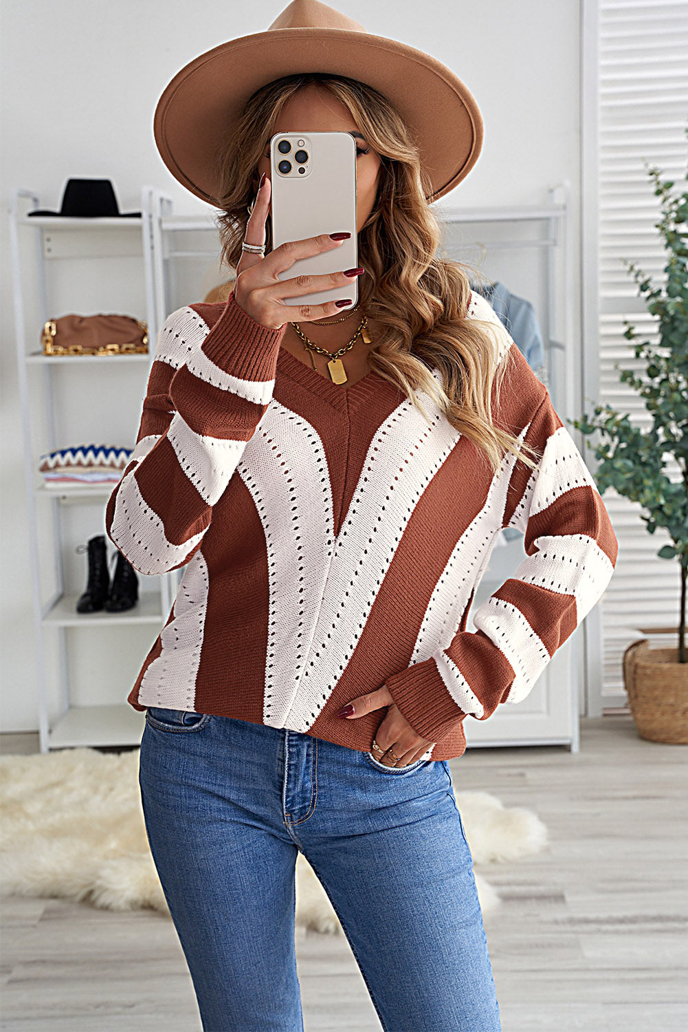 Brown Striped Colorblock V Neck Knitted Sweater Sweaters & Cardigans JT's Designer Fashion