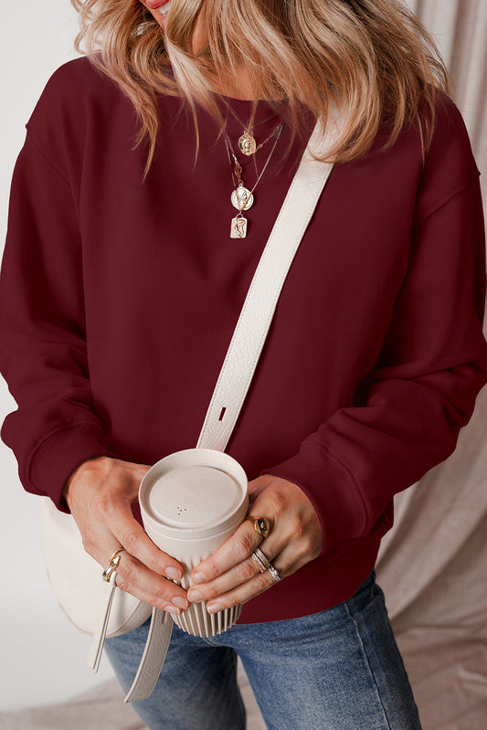 Burgundy Solid Fleece Lined Drop Shoulder Terry Sweatshirt Sweatshirts & Hoodies JT's Designer Fashion