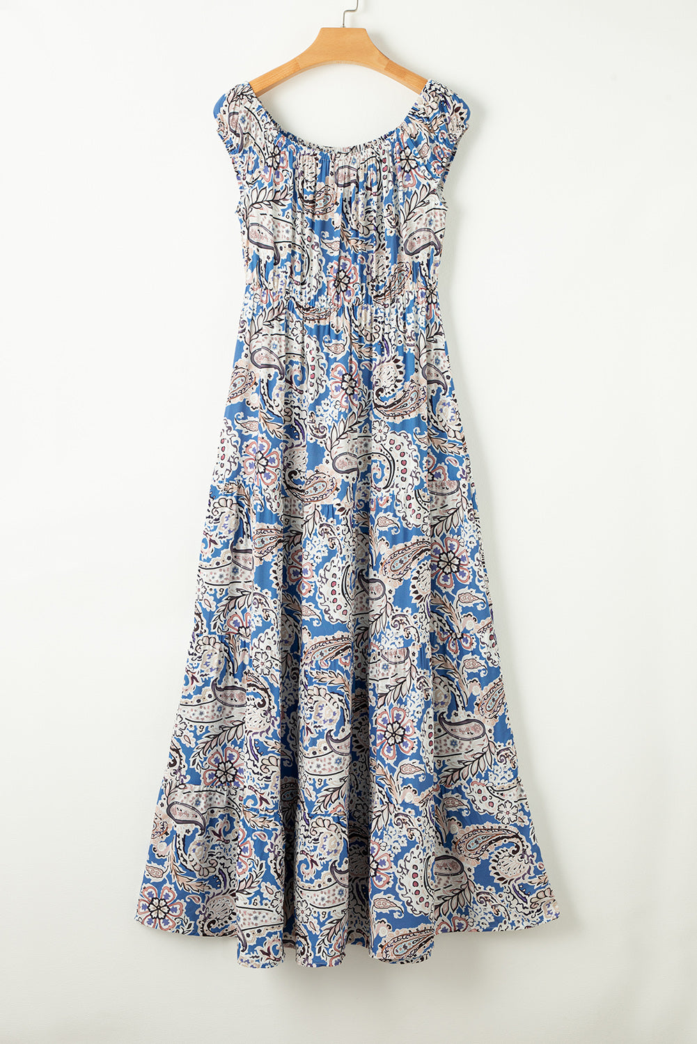Blue Boho Paisley Print Off Shoulder Maxi Dress Floral Dresses JT's Designer Fashion