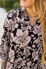 Black Plus Size Floral Printed Puff Sleeve Collared Maxi Dress Plus Size Maxi Dresses JT's Designer Fashion