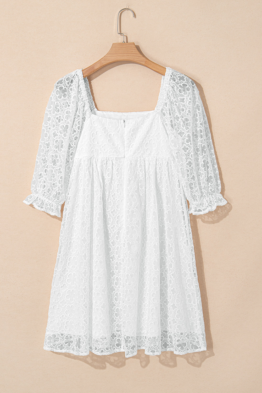 White Floral Lace Puff Sleeve Empire Waist Mini Dress Mini Dresses JT's Designer Fashion
