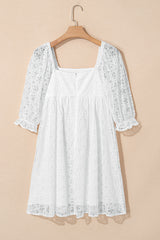 White Floral Lace Puff Sleeve Empire Waist Mini Dress Mini Dresses JT's Designer Fashion