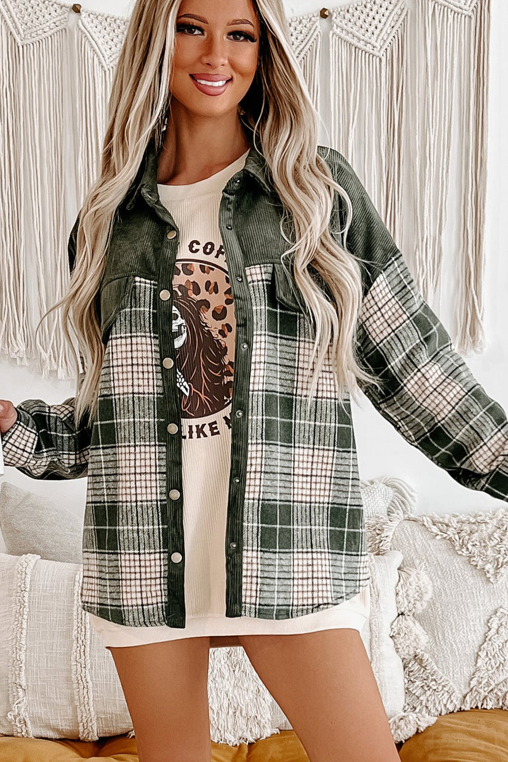 Blackish Green Snap Buttons Colorblock Plaid Shacket Plaid Shackets JT's Designer Fashion