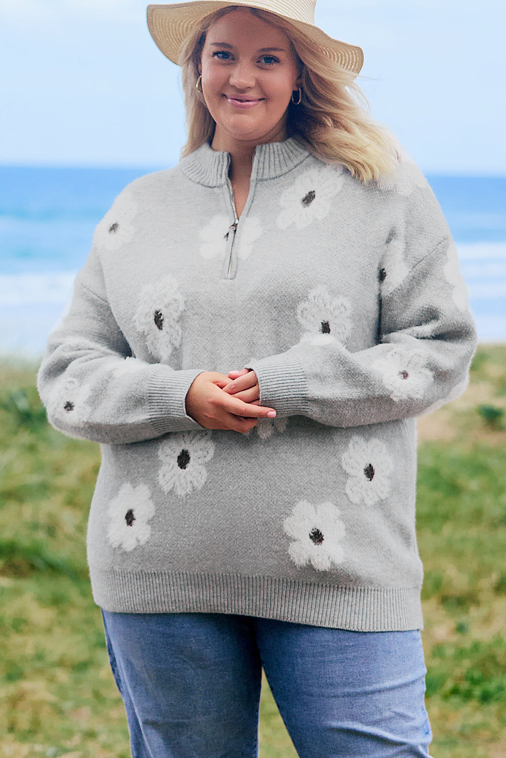 Gray Plus Size Embroidered Floral Pattern Half Zip Sweater Plus Size Sweaters & Cardigans JT's Designer Fashion