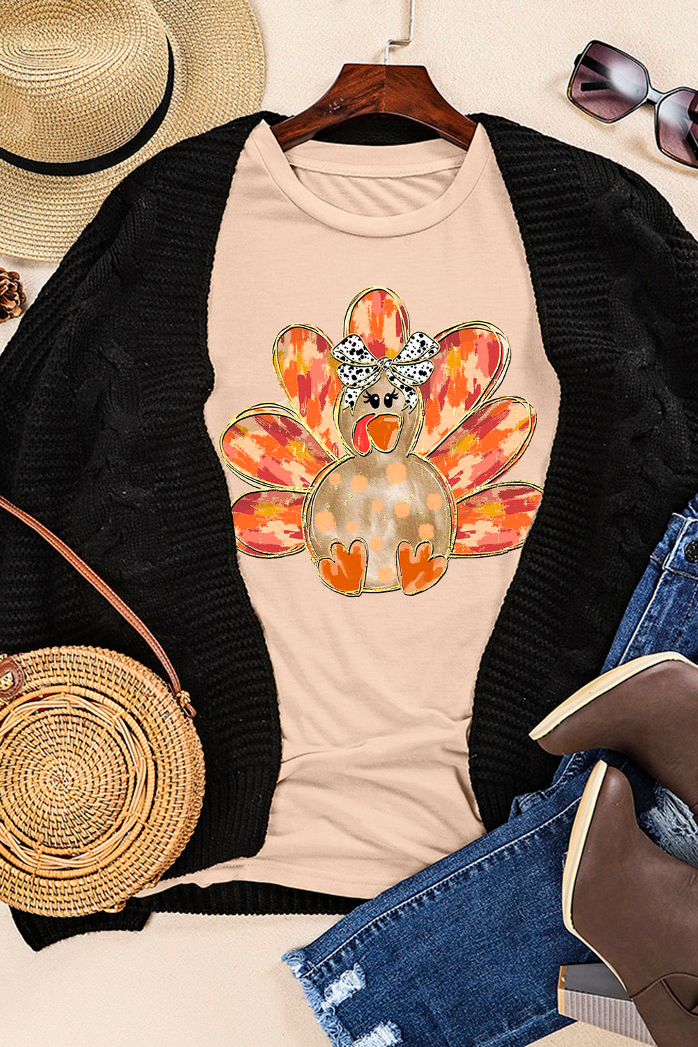 Khaki Thanksgiving Bowknot Turkey Graphic Crewneck Tee Graphic Tees JT's Designer Fashion