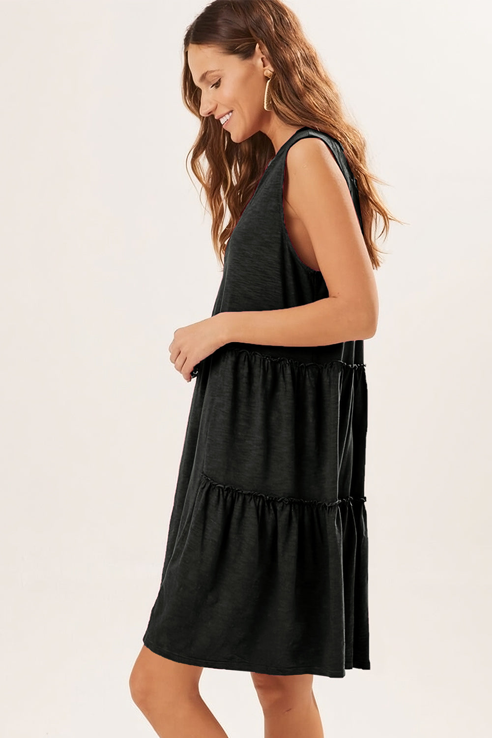 Black Split V Neck Tiered Flowy Sleeveless Dress Dresses JT's Designer Fashion