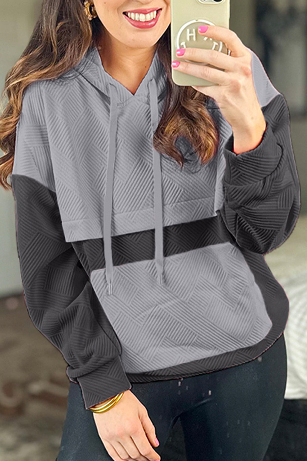 Gray Textured Color Block Kangaroo Pocket Drop Shoulder Hoodie Sweatshirts & Hoodies JT's Designer Fashion