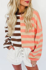 Brown Stripe Color Block Drop Shoulder Pullover Sweatshirt Sweatshirts & Hoodies JT's Designer Fashion