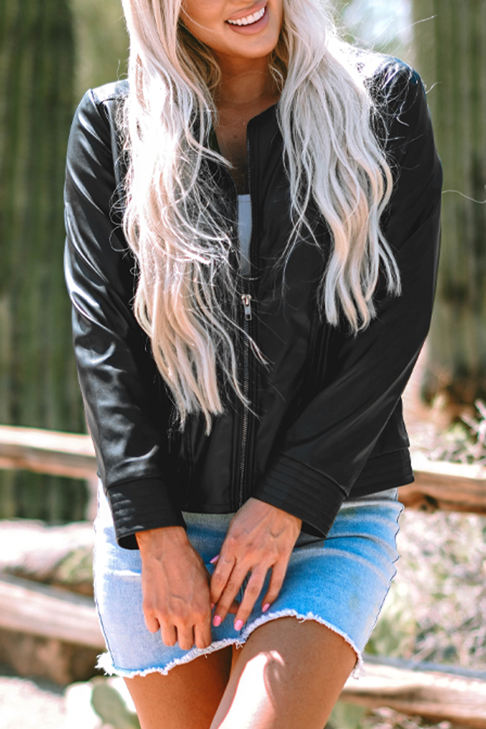 Black Solid Faux Leather Zipper Slim Fit Bomber Jacket Jackets JT's Designer Fashion