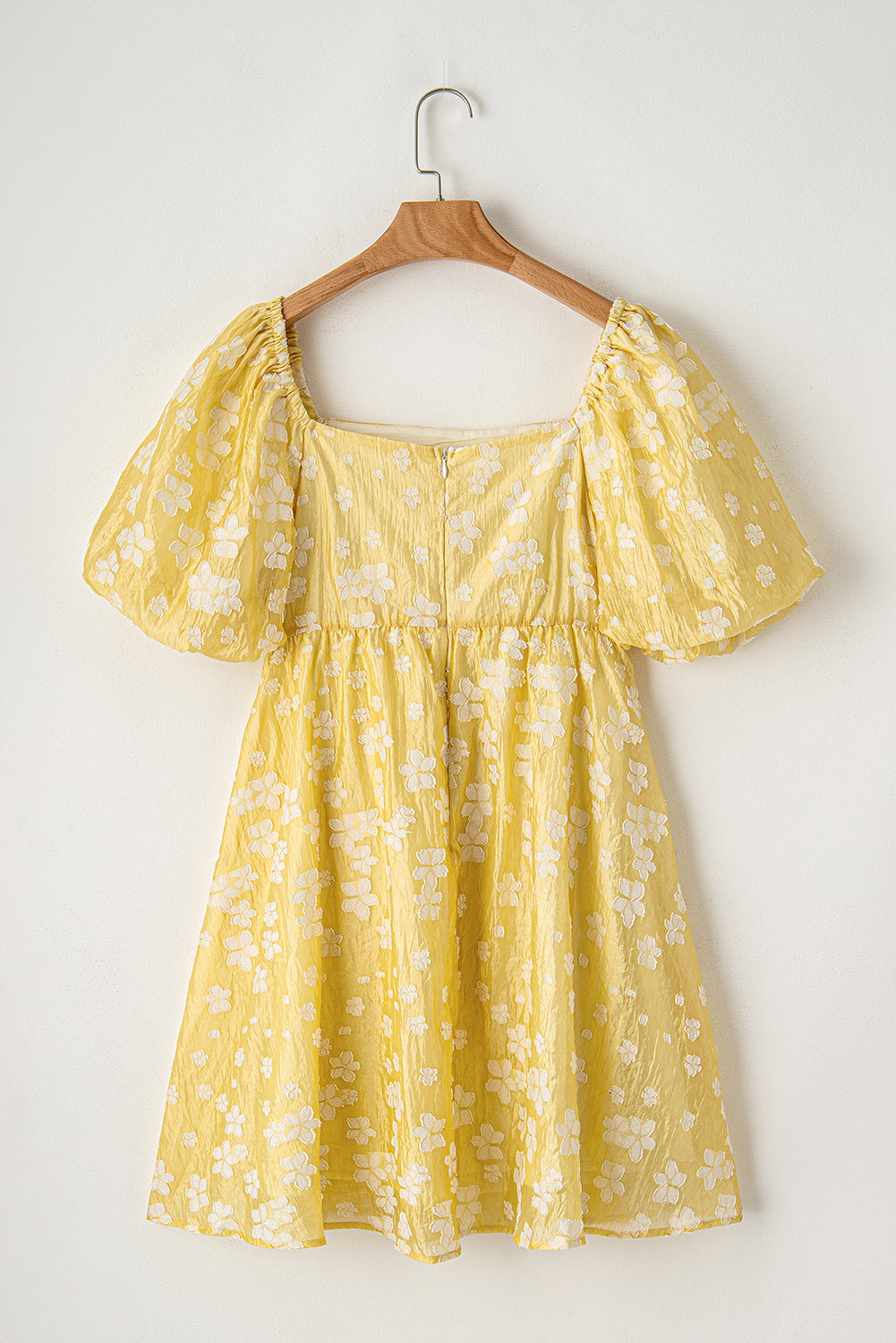 Yellow Boho Flower Jacquard Puff Sleeve Square Neck Mini Dress Floral Dresses JT's Designer Fashion