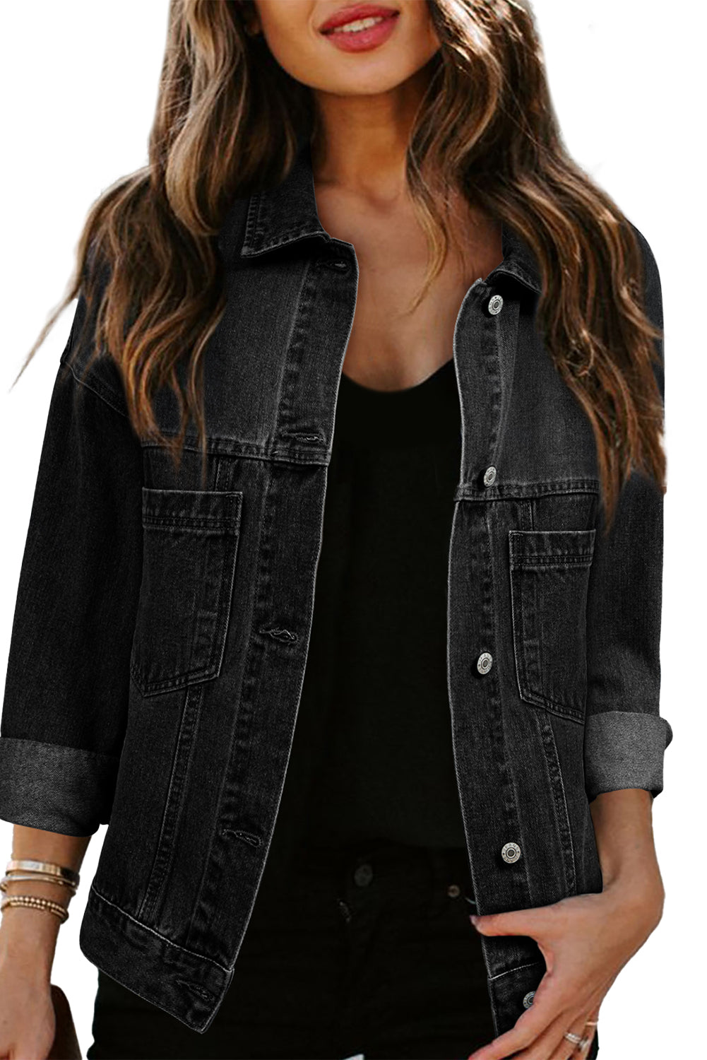 Black Washed Oversize Pocketed Denim Jacket Denim Jackets JT's Designer Fashion