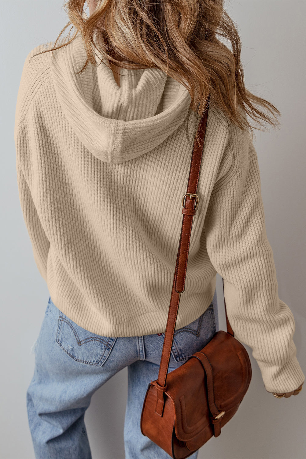Beige Solid Color Drawstring Hooded Drop Shoulder Pullover Sweater Sweaters JT's Designer Fashion