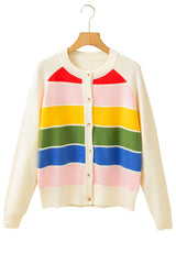 White Stripe Colorful Pattern Button Front Sweater Cardigan Cardigans JT's Designer Fashion