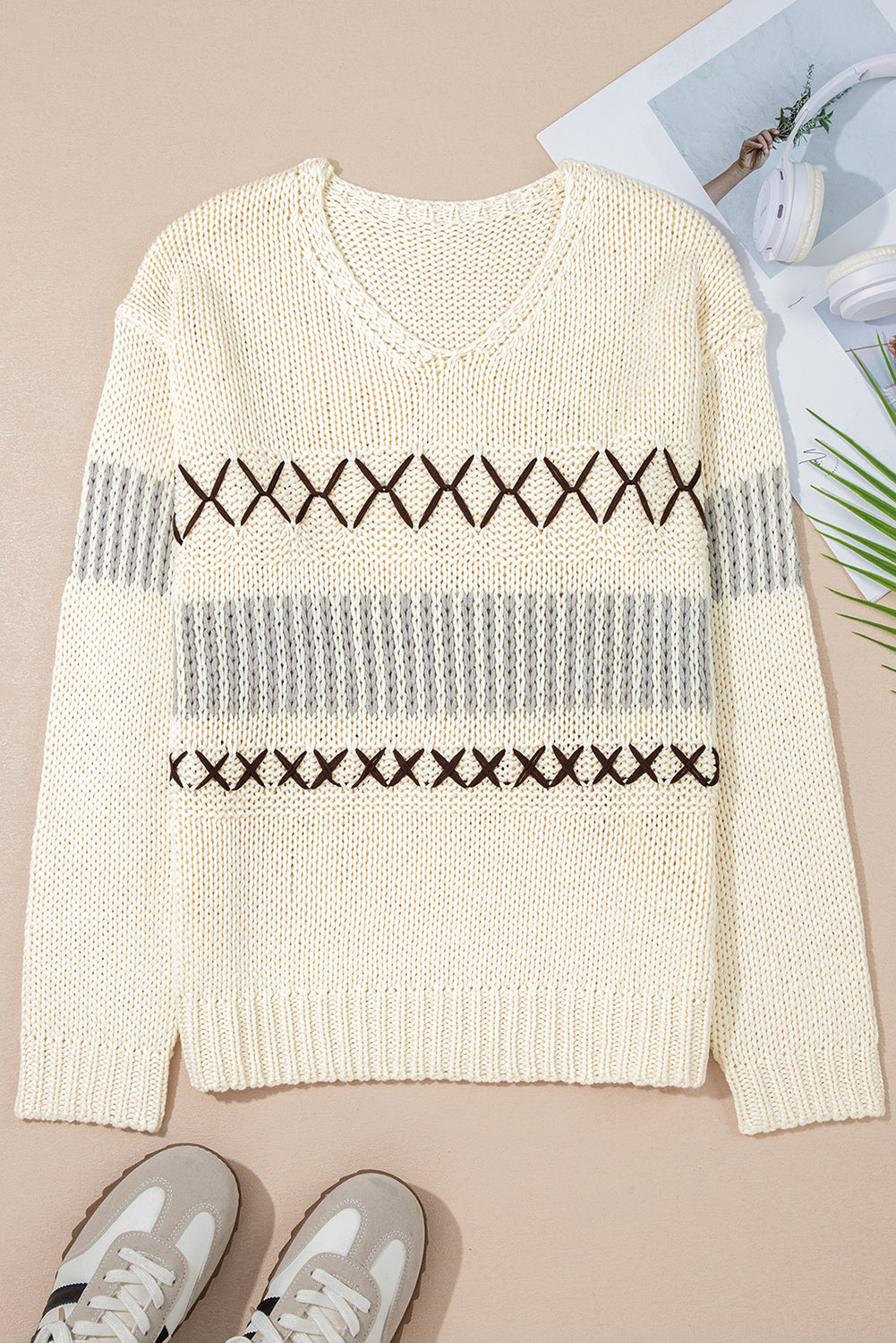 Parchment Contrast Stitch Detail V Neck Drop Shoulder Sweater Sweaters JT's Designer Fashion
