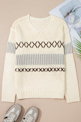 Parchment Contrast Stitch Detail V Neck Drop Shoulder Sweater Sweaters JT's Designer Fashion