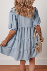 Beau Blue Shirt Collar Button Up Short Puff Sleeve Tiered Shift Dress Mini Dresses JT's Designer Fashion