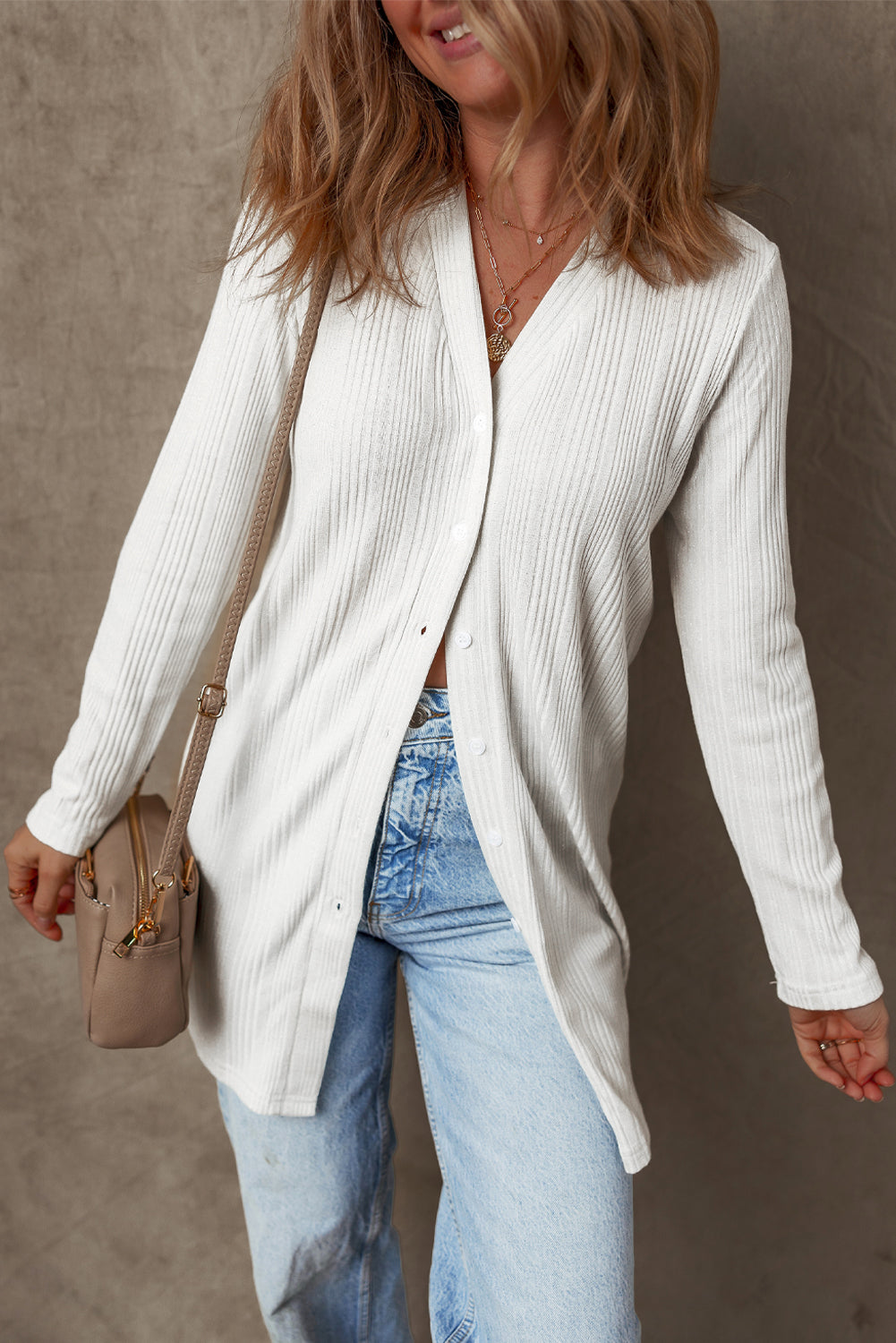 White Solid Color Ribbed Button up Tunic Cardigan Cardigans JT's Designer Fashion