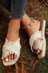 Beige Tassel Woven Crossed Straps Flat Slippers Slippers JT's Designer Fashion